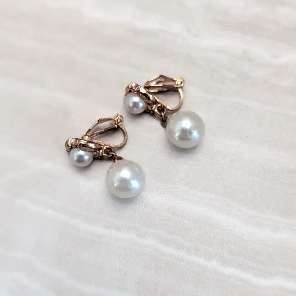 Vintage Clip On Earrings Copper Tone, Faux Pearl, Clear Gem - Condition Issues